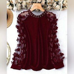 Shein Burgundy Floral Embellished Blouse